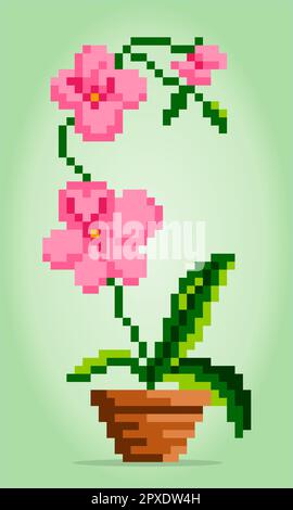 fiore orchidea da 8 bit. Fiori rosa per motivi di cucitura a croce, in illustrazioni vettoriali. Illustrazione Vettoriale