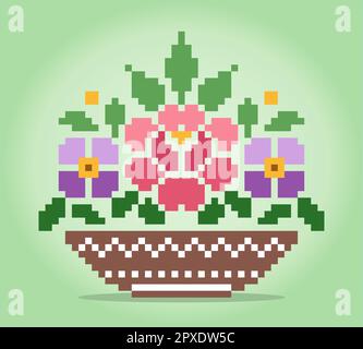 fiori da 8 bit pixel sul cestello. Fiori di bouquet per motivi a punto trasversale, in illustrazioni vettoriali. Illustrazione Vettoriale