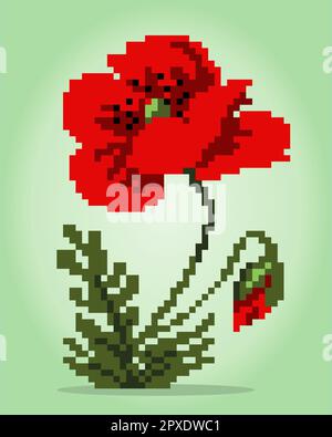 8 bit pixel di fiore di ibisco. fiori per motivi a punto trasversale, in illustrazioni vettoriali. Illustrazione Vettoriale