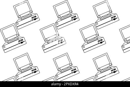 Modello di nero e bianco, vecchi, vintage, retro, computer hipster con monitor convessi e floppy. Illustrazione vettoriale. Illustrazione Vettoriale