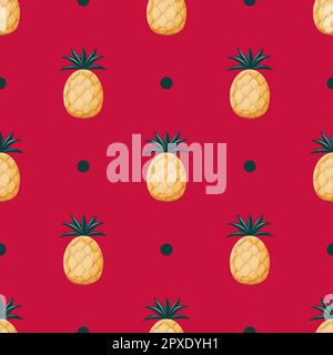 motivo senza cuciture a ananas. ananas maturi su sfondo cremisi. Ornamento senza fine del vettore. Frutti esotici. Colore magenta 2023. Art Nouveau. Foto Stock