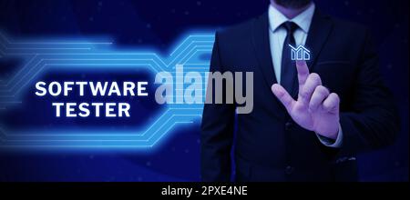 Handwriting text Software Tester, Business Concept implementato per proteggere il software da attacchi dannosi Foto Stock