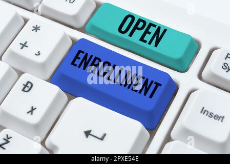 Scrittura visualizzazione testo Open Enrollment, Word per il periodo annuale in cui le persone possono iscriversi un'assicurazione Foto Stock