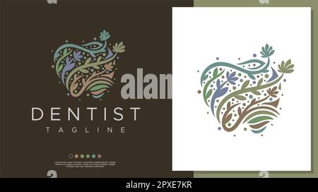 Modello decorativo con logo dentale floreale. Vettore logo dente foglia. Foto Stock