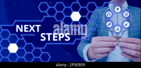 Testo che mostra l'ispirazione fasi successive, numero di approccio aziendale del processo che verrà eseguito dopo la pianificazione corrente Foto Stock