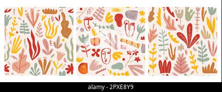 Set vettoriale di ripetizioni senza giunture. Piante disegnate a mano, fiori e facce cubiste. Illustrazione Vettoriale