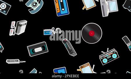 Texture, modello senza cuciture di vecchi adesivi elettronici retrò hipster, tv recorder telefono cellulare, lettore, audiocassetta, videoregistratore, console di gioco, c Illustrazione Vettoriale