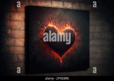 3d rendering della forma rossa del cuore schiarita nel fuoco contro lo sfondo della parete grunge. Foto Stock