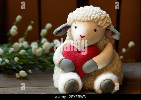 Carini animali ripieni per San Valentino. Adorabili pecore farcite animali abbracci cuore rosso. Foto Stock