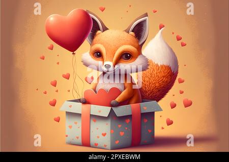 Carino Foxy con San Valentino presenta animale per San Valentino biglietto di auguri design, banner, adesivo, casa. Foto Stock