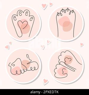 Set di adesivi con icone a linea continua Cat Paw Footprint Illustrazione Vettoriale