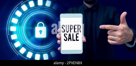 Didascalia testo presentando Super sale, vetrina aziendale che offre sconti eccezionali su prodotti e servizi selezionati Foto Stock