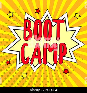 Testo che mostra l'ispirazione Boot Camp, Word scritto sul campo militare di addestramento per le nuove reclute dure disciplina Fitness Foto Stock