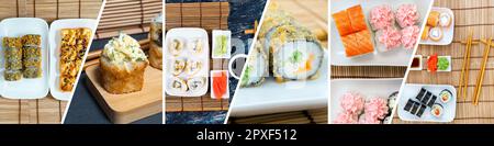 Vari tipi di collage di sushi roll. Varia collezione di sushi Foto Stock