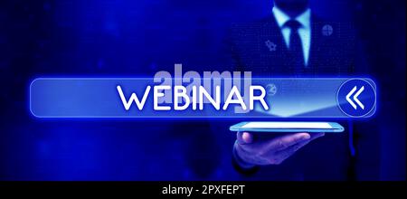 Webinar Inspiration che mostra i segni, Word for Defined as Seminar condotto su Internet Web Conferencing Foto Stock