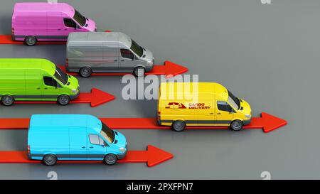 Furgone cargo giallo che precede altri furgoni. Concorrenza nel settore dei trasporti e della distribuzione. Illustrazione 3D. Foto Stock