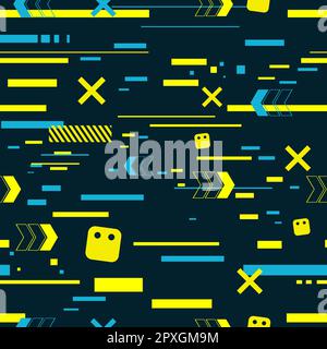 Cyberpunk senza cuciture Pattern, effetto Glitch, grafica dal futuro. Materiale per abbigliamento, abbigliamento, tessuti. Background per la stampa dei progetti. Icone. Illustrazione Vettoriale