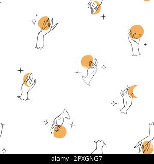 Disegno a mano vettoriale astratto contorno, grafica, linea arte magia mano umana con luna e stelle senza cuciture modello in stile minimalistico.Luna e stelle contorno Illustrazione Vettoriale