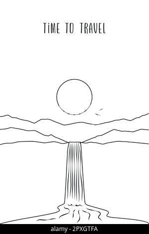 cascata fiume in montagna paesaggio contorno bianco nero Illustrazione Vettoriale