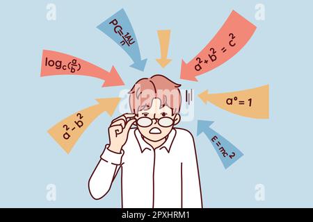 Il tipo dumbfounded tocca gli occhiali dopo aver visto le formule di matematica date nella scuola o nell'università e che richiedono la soluzione. Esempi di algebra intorno stu scioccato Foto Stock