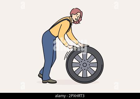 Donna sorridente meccanico con pneumatico auto che lavora al servizio di riparazione auto. Donna felice ingegnere occupato con ruota riparazione auto. Illustrazione vettoriale. Foto Stock