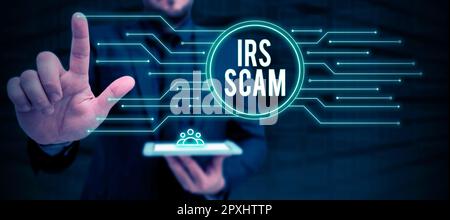 Didascalia di testo che presenta IRS truffa, parola per i contribuenti mirati fingendo di essere Internal Revenue Service Foto Stock