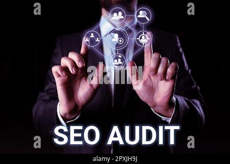 Firma di testo che mostra il processo di verifica e convalida di Seo Audit, Internet Concept Search Engine Optimization Foto Stock