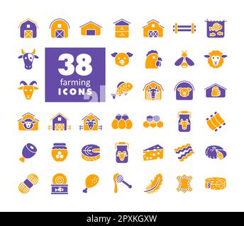 Set di icone glifo dell'animale da fattoria. Segno di cibo animale. Simbolo grafico per il design del sito Web, il logo, l'app, l'interfaccia utente. Illustrazione vettoriale, EPS10. Foto Stock