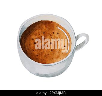 Tazza di caffè espresso caldo in ceramica bianca. Acquerello disegno a mano isolato su sfondo bianco. Foto Stock