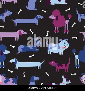 Modello senza cuciture con simpatici cani multicolore cartoon. Illustrazione Vettoriale