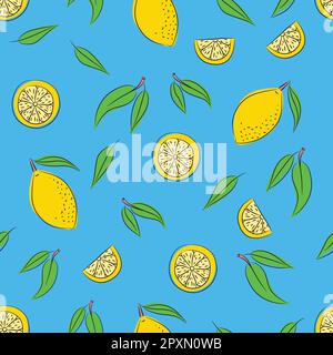 Modello su sfondo blu con fettine di limone e limone. Illustrazione Vettoriale
