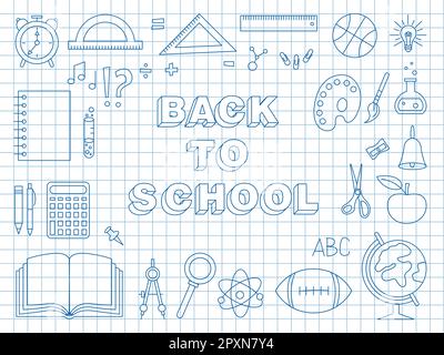 Ritorno a scuola. Disegno Doodle con una penna su un foglio di un notebook. Illustrazione Vettoriale