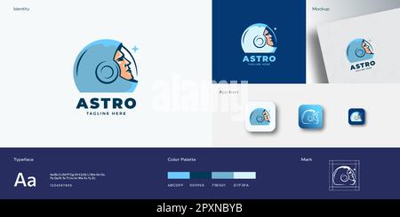 Simbolo vettoriale astratto, emblema, modello logo. Casco Astronauta faccia in Space Suit guardando la Star Identity Guide con la tipografia moderna Illustrazione Vettoriale