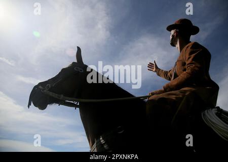 conde, bahia, brasil - 8 gennaio 2022: Cowboy che indossa abiti tradizionali in pelle con il suo cavallo in una fattoria nella città di Conde. Foto Stock