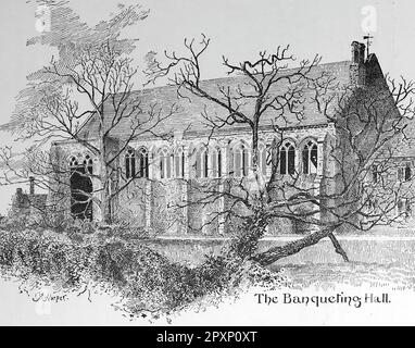 Eltham Palace, Greenwich. La Banqueting Hall. Vista esterna della fascia, con alberi in primo piano. Da un'incisione vittoriana non attribuita c1890. Foto Stock