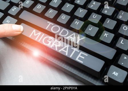 Testo che mostra ispirazione Migrate, Word for per spostarsi o viaggiare da un paese o località ad un altro Foto Stock