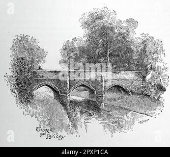 Il Ponte di Moat, il Palazzo Eltham. Un ponte con tre archi sopra il fossato e gli alberi sullo sfondo. Da un'incisione vittoriana non attribuita c1890. Foto Stock