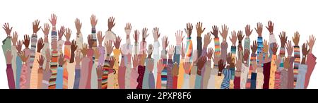 Molte donne afro-americane pelle nera si raggruppano con le mani sollevate. Banner modello copia spazio.persone tenendo le mani in un cerchio.Nero mese di storia Illustrazione Vettoriale