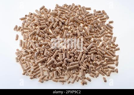 Pellet di legno su sfondo bianco in vista dall'alto Foto Stock