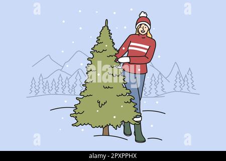 Felice giovane donna scegliere abete nella foresta. Ragazza sorridente con albero di Natale in legno d'inverno per Capodanno. Illustrazione vettoriale. Foto Stock
