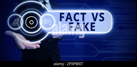 Didascalia di testo che presenta fatto Vs Fake, parola scritta sopra è allineare o è dubbio falso se qualcosa è autentico reale Foto Stock