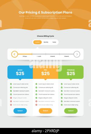 Moderno listino prezzi e piani di abbonamento web template design con opzione personalizzata ciclo di fatturazione Illustrazione Vettoriale