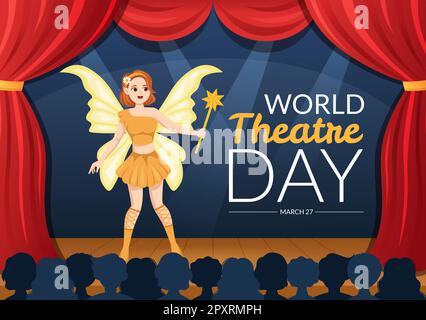 World Theatre Day il 27 marzo Illustrazione con maschere e per celebrare il teatro per banner Web o landing page in Cartoon piano modelli disegnati a mano Foto Stock