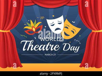 World Theatre Day il 27 marzo Illustrazione con maschere e per celebrare il teatro per banner Web o landing page in Cartoon piano modelli disegnati a mano Foto Stock