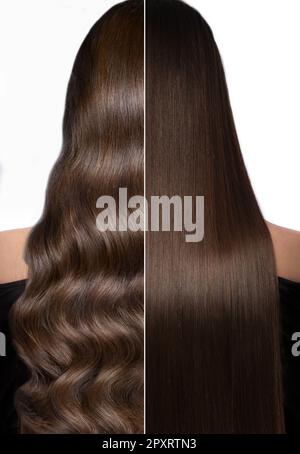 Donna prima dopo aver arricciato i capelli. Vista posteriore, diritta e ricci. Primo piano Foto Stock