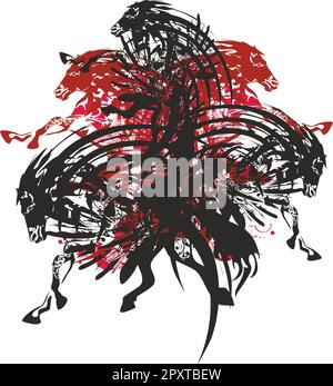 Composizione da cavallo spruzzi in toni nero-rosso isolato su bianco. Corsa cavalli ornamentali per idee di affari, tessuti, stampe su T-shirt, ecc. Foto Stock