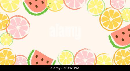 Ciao estate. Sfondo vettoriale orizzontale in stile retrò con cocomero e fettine arancioni Illustrazione Vettoriale