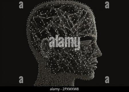 Forma della testa umana costituita da una grande griglia di pin collegati con il filo. Tecnologia di comunicazione e concetto di salute mentale. Foto Stock