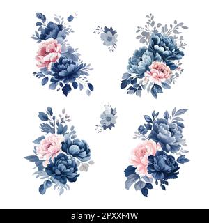 Set di fiori acquerelli blu marino. Concetto di matrimonio. Elementi di disegno vettoriale per il disegno del biglietto d'auguri o dell'invito Illustrazione Vettoriale