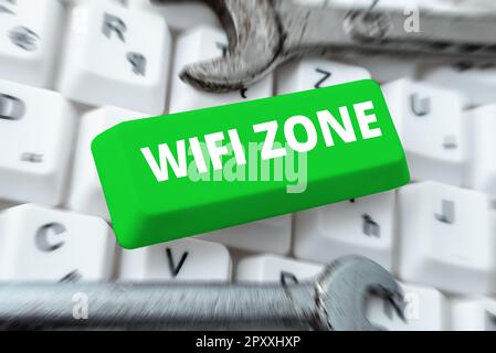 Scrittura con testo WiFi zone, Business Showcase forniscono Internet wireless ad alta velocità e connessioni di rete Foto Stock